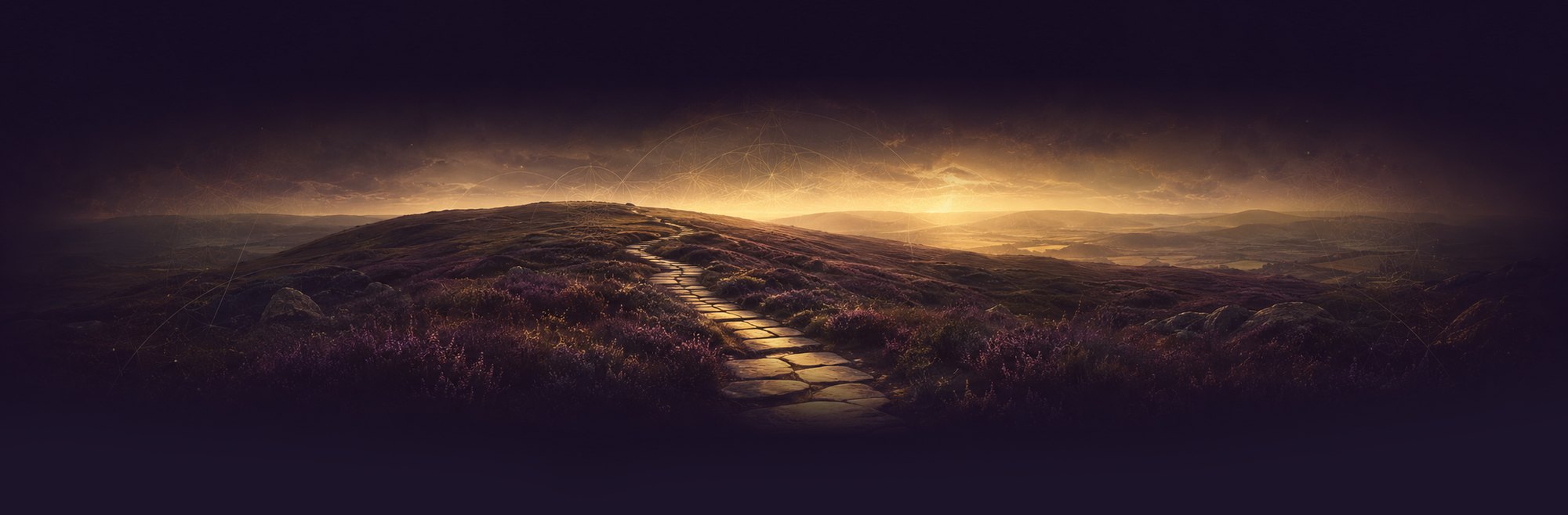 A lit stone path climbing across open moorland at dusk