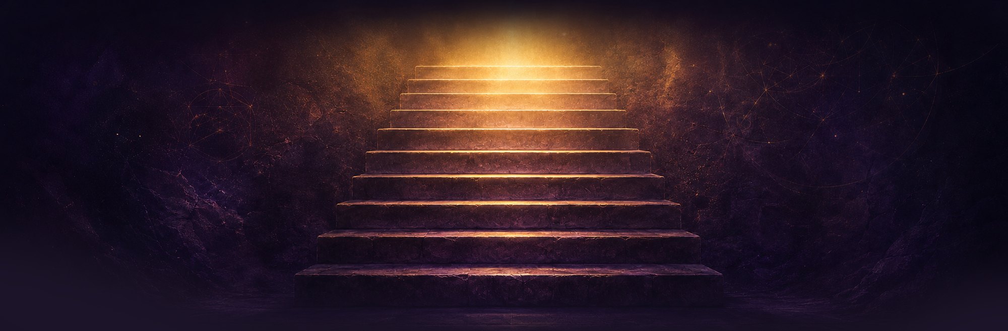 Ten stone steps rising towards a warm light